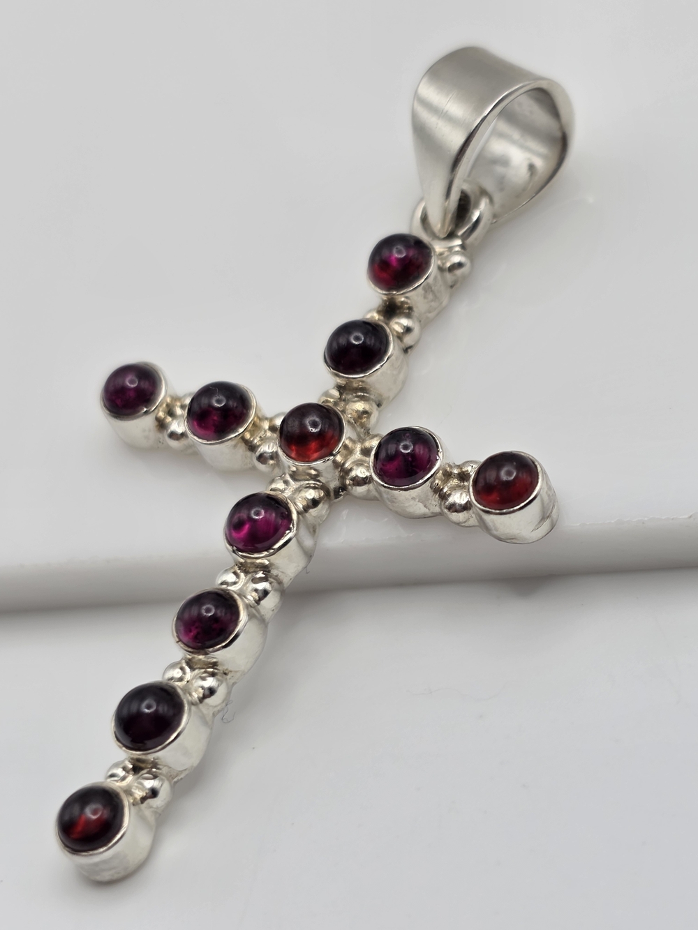 Sterling Silver 925  Cross Pendant with Deep Red Cabochon Garnt  Stones